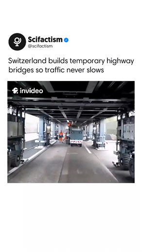 Scifactism on Instagram: "Switzerland has developed an innovative solution to keep traffic moving during road repairs: a raised temporary bridge that lets vehicles pass safely while work continues underneath. Drivers experience uninterrupted travel as crews repair the road below, ensuring construction doesn’t disrupt daily commutes. The 257-meter-long bridge can be relocated to a new site within a single day, allowing cars to maintain normal speeds while workers operate safely beneath. This appr