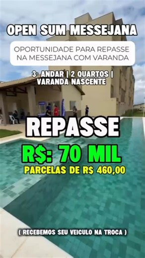 JMB on Instagram: "🏢 OPORTUNIDADE PARA REPASSE NA MESSEJANA COM VARANDA 🏢 *APARTAMENTO NOVO ( NUNCA HABITADO)* ✅ - 🤩 OPEN SUM MESSEJANA - ⁠✅ Apartamento com 02 Quartos ( Sendo 1 Suíte Reversível ) - ⁠😱 Varanda com Vista para o Nascente - ⁠🤭 Sala espaçosa integrada da Cozinha - ⁠🚗 Vagas de Carros rotativas - ⁠🪜 3º Andar - 💰 Valor das Chaves 🔑 R$:70.000,00 🏦 Apenas parcela da Caixa de R$:460,00 Reais* Saldo devedor da Caixa , R$:95.000,00 ( RECEBEMOS SEU VEICULO NA TROCA 🚘 🏍️ ) INFORMA