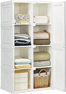 Tangkula Portable Closet Wardrobe, Foldable Clothes Organizer with Cubby Storage, Hanging Rods, Easy Assemble Clothing Storage with Magnet Doors, Folding Bedroom Armoire (8 Cubbies)