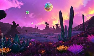 A vibrant alien landscape with iridescent moons, strange plants, and a purple sunset