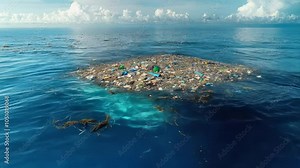 An aerial view of Plastic Island or Great Pacific Garbage Patch or Pacific Trash Vortex, showing plastic, light metal, and organic garbage in the ocean. Environmental disaster concept.