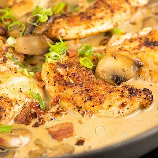 One Skillet Chicken Bacon and Mushrooms in Parmesan Cream Sauce is loaded with flavor. It’s ready in under 30 minutes making it an easy go-to recipe. Say hello to your new favorite skillet chicken dinner! (Keto / low carb friendly) Recipe here: https://www.centercutcook.com/one-skillet-chicken-bacon-and-mushrooms-in-parmesan-cream-sauce/ | CenterCutCook