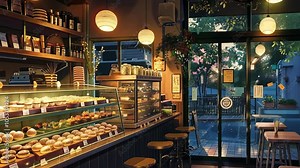 A cute anime-style cafe that welcomes sunlight through the windows of the cute cafe, lighting up the tables and pastries to welcome customers. Stock Video