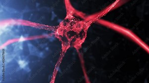 Red coloured artificial intelligence nerve cell motion in the brain animation.
