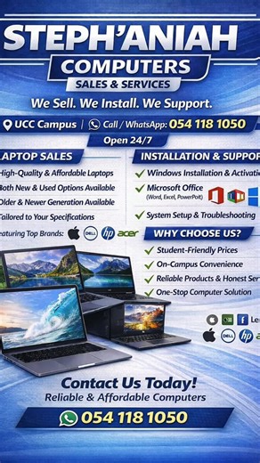 💻 STEPH’ANIAH COMPUTERS SALES & SERVICESWe Sell. We Install. We Support.Looking for a reliable and affordable laptop on campus?We sell both NEW and USED laptops, c