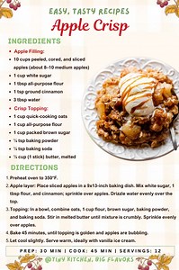 🍎 Apple Crisp Warm, cinnamon-spiced apples topped with a buttery oat crumble. A classic, comforting dessert that’s perfect with a scoop of vanilla ice cream. Get the printable recipe in the comments 👇 Prep: 30 min | Cook: 45 min | Total: 1 hr 15 min | Servings: 12 Nutrition (per serving, without ice cream): 316 Calories | 2g Protein | 61g Carbs | 8g Fat Chef's Tip: For a crispier topping, use old-fashioned rolled oats instead of quick oats. #AppleCrisp #Dessert #FallDessert #ComfortFood #EasyB