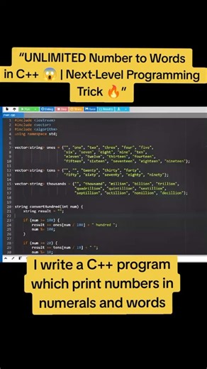 “This C++ Code Converts HUGE Numbers Into Words 🤯 (You Must See This!)”#programming #codinglife