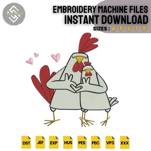 Chicken Love Embroidery Design | Valentine Chickens Digital File | 5 Sizes | All Formats | Instant Download - Etsy