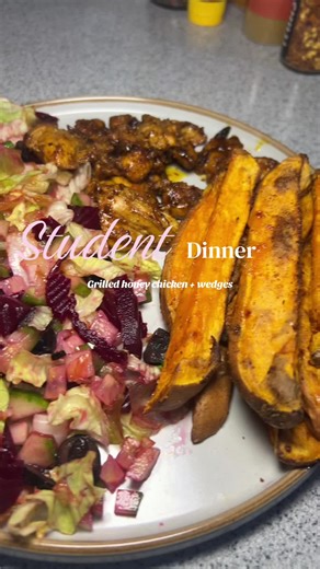 Grilled honey chicken sweet potato wedges, this is another favourite meal of mine Recipe Sweet potato Chicken breast Honey Soy sauce Ginger Salad Many other seasonings #student #fyp #easyrecipes #dinnerideas #university