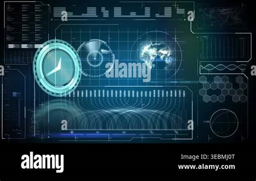 Animation of clock and data processing on screen. Global data processing, digital interface and connections concept digitally generated video Stock Video Footage - Alamy