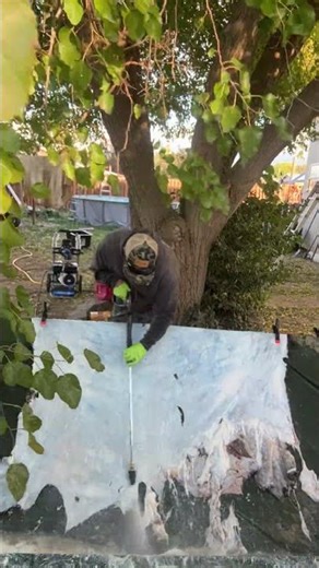 Pressure wash fleshing a bison hide ! #jeremyandsonshideandfur #smallbusiness # hides #tanning