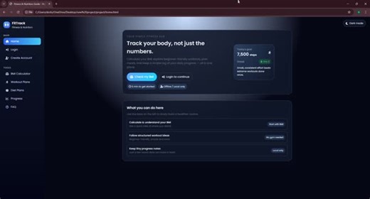 Fitness & Nutrition Guide Web Application” — a project developed using HTML, CSS, and JavaScript. Features include BMI Calculator, Workout Plans, Diet Plans, Progress Tracker, and Light/Dark Mode.… | Naveen J