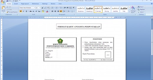 Format kartu anggota perpustakaan sekolah
