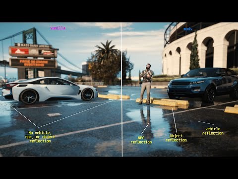 GTA 5 ENB graphic mod realistic puddle reflection vs vanilla comparison