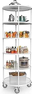 NSF 6 Tier Round Shelf Wire Shelving Unit, 2400lbs Heavy Duty Adjustable Storage Rack with Wheels & Shelf Liners for Corner Shelving and Room Center Display Shelving, 85.5"High 30in Diameter - White