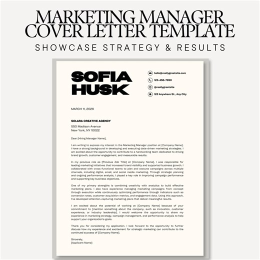 Marketing Manager Cover Letter Template | Editable in Canva | One Page Professional Marketing Cover Letter | Job Application Letter - Etsy