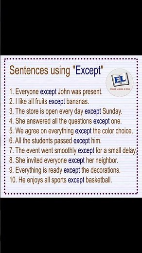 Meaning of "except" with Example sentences | English Vocabulary #englishtutorial #languageskills