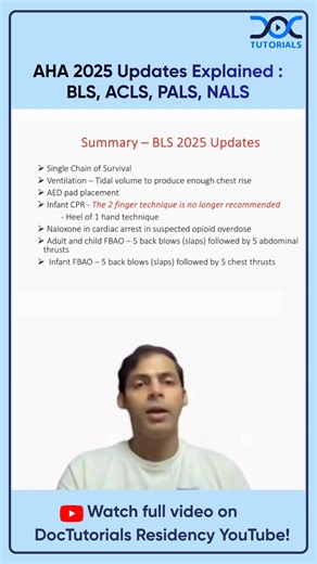 DocTutorials Residency on Instagram: "🚨 2025 BLS, ACLS, PALS & NLS Updates! 🚨 Stay ahead in life-saving techniques with the latest guidelines! From BLS’s new tidal volume recommendations to ACLS’s shift to temperature control & specific energy settings, and PALS’s updated diastolic blood pressure targets – we’ve got you covered. 💡 Key changes include: New infant CPR technique: Heel of one hand instead of two fingers 👶 Post-cardiac arrest temperature control (32-37°C for 36 hours) 🌡️ Updated