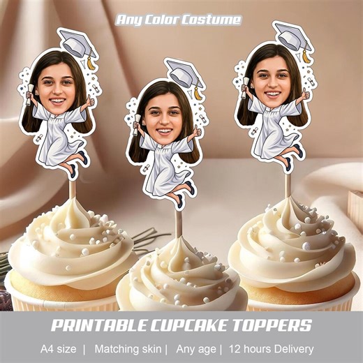 Graduation Personalized Cupcake Toppers | Custom Graduate Birthday Party Decor | Printable Digital Download | Funny Grad Face Cake Toppers - Etsy