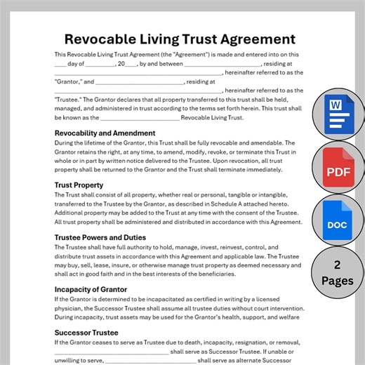 Revocable Living Trust Template, Customizable Living Trust Agreement, Printable Trust Establishment, Editable Final Wishes Arrangements Form - Etsy