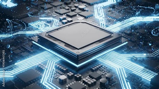 Advanced computing processor animation video with powerful digital core, high speed data circuits, modern semiconductor architecture and next generation technology performance