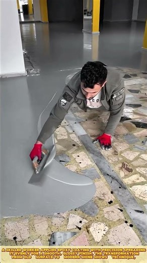 Skilled worker spread epoxy evenly and create glossy finish