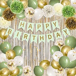 Sage Green Birthday Decorations Green Gold Party Decor Olive Green Gold White Sand Balloons Set Happy Birthday Banner Gold Fringe Curtain for Kids Men Women Girls Boys Green Birthday Party Supplies