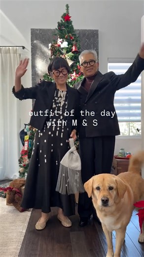 M&S on Instagram: "Our favourite duo (or should we say, trio) @akiandkoichi are back with some festive outfit inspo. Can we come round for mince pies and mulled wine, please? FYI, there’s only eight shopping days left till Christmas! Order online and collect in store tomorrow 🎄 Spot Print Maxi Swing Dress - T503459T Sequin Cropped Blazer - T597650J Gem Studded Flat Ballet - T025073 Diamante Tassel Grab Bag - T014956A Slim Fit Double Breasted Tuxedo Jacket - T158029D Regular Fit Suit Trousers -