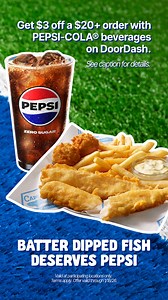 This weekend, use promo code PEPSI3 to get $3 off your next $20 DoorDash order! How to redeem: 🥤Place a STARRY®, PEPSI®, DIET PEPSI®, PEPSI® ZERO SUGAR, MTN DEW®, or MUG® in your cart. 🎣Add your favorite Captain D's items to the order (total including beverage must be $20 or more). 🥤Enter code: PEPSI3 at checkout. Make sure that the promo applied successfully. 🎣Place your order and enjoy gameday with the Captain! | Captain D's