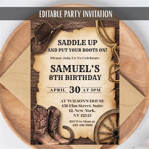 Western Cowboy Rodeo Birthday Party Invitation Card, Kids Birthday Invite, Saddle up Cowboy Boots Wood Editable Printable Canva Template - Etsy