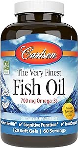 Carlson - The Very Finest Fish Oil, 700 mg Omega-3s, Norwegian Fish Oil Supplement, Wild Caught Omega-3 Fish Oil, Sustainably Sourced Fish Oil Capsules, Omega 3 Supplement, Lemon, 120 Softgels