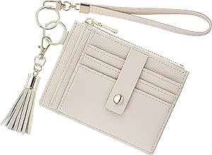 Wristlet Keychain Wallet for Women Slim Rfid Blocking Credit Card Holder Wristlet Zip Id Case Wallet Small Compact Leather Wallet Coin Purse for Women (Beige)