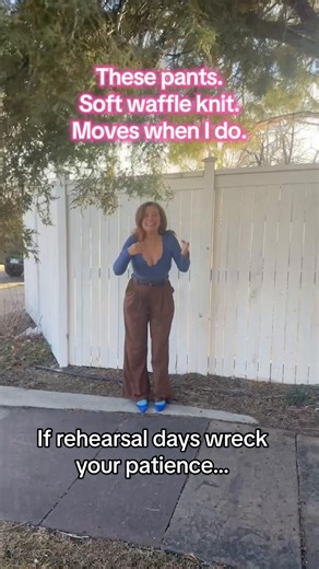 Willy Wonka dress rehearsal day 🍭 Twenty-six Oompa Loompas, quick changes everywhere, and I costumed the whole show — which meant a lot of moving, crouching, fixing, and problem-solving on the fly. These waffle knit pants stayed soft, flexible, and comfortable through all of it without becoming one more thing to deal with. On days like this, that matters. Pants are tagged. #entrepreneurlife #theater #workpants #onthego