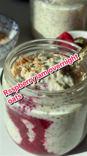 RASPBERRY JAM OVERNIGHT OATS ❤️✨ Overnight oats packed with 23g of protein and 15g of fiber!! They’re perfect for meal prep and one of the easiest ways to start your day! Creamy, satisfying, and balanced, this is a breakfast you’ll LOVE!! All you need is ⬇️ ½ batch raspberry chia jam (about 1 cup) 2 cups coconut milk (from a carton not can) 1 cup plain Greek yogurt 2 teaspoon vanilla extract 1 teaspoon honey 1 ¾ cups quick, rolled or minute oats 4 tablespoon chia seeds ½ cup vanilla protein powd