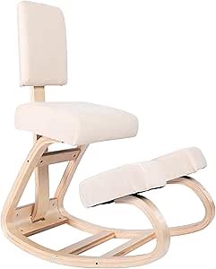 Sleekform East Austin Ergonomic Kneeling Chair with Back Support - Winter Linen and Wood Ergo Stool for Desk - Best Ergonomic Kneeling Office Chair for Posture and Leg Circulation