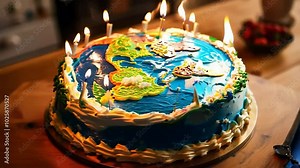 A beautifully crafted cake featuring a detailed map of the planet spins gracefully, adorned with flickering candles that bring a warm glow, perfect for a special celebration.