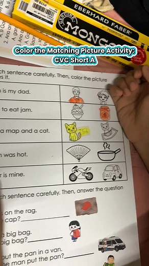 “Color the Matching Picture: CVC Short A” is one of the activities your students can enjoy from the CVC Reading Workbook. If you are interested, feel free to pm me or my personal fb account Lovelyn Revilla-Viscayno to avail the soft copy for only ₱150 (46 pages). The workbook includes many fun and engaging activities to help your students improve their reading and comprehension skills! #fblifestyle #teacherlove #readingtime #readingforgrade1 | Teacher Love