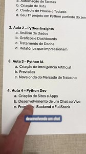 🚀 Quer aprender Python do absoluto zero e construir 4 projetos incríveis na prática? E o melhor: online, ao vivo e GRATUITO! Serão 4 aulas 100% práticas e mão na massa onde você aprenderá: 🔹 Automação de Processos – Deixe o Python fazer o trabalho chato por você! 🔹 Análise de Dados – Transforme números em insights valiosos. 🔹 Inteligência Artificial – Use IA para criar previsões. 🔹 Desenvolvimento Web – Construa sites e sistemas do zero! 📌 Mesmo que você nunca tenha programado, esse evento