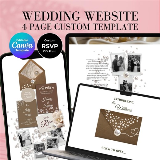 Pearl Mocha Wedding Website Template: Romantic Vintage Canva Design (digital Invitation) - Etsy