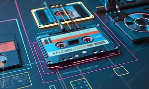 Modern Takes on Vintage Tech: Images of old-school technology like cassette tapes, floppy disks, and early mobile phones, creatively modified with digital effects, glowing neon lights, and holographic