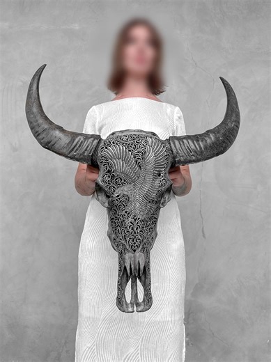 Carved Water Buffalo Skull With Eagle Motif - Gray Wall Art Decor for Boho, Rustic & Eclectic Interiors - Etsy