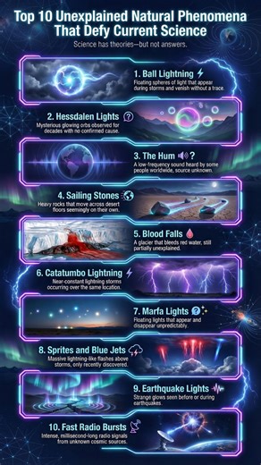 Top 10 Unexplained Natural Phenomena That Defy Current Science Despite modern technology and research, some natural phenomena still have no complete scientific explanation. They challenge what we think we know about physics, geology, and the universe 👇 1️⃣ Ball Lightning – Floating spheres of light that appear during storms and vanish without a trace 2️⃣ Hessdalen Lights – Mysterious glowing orbs observed for decades with no confirmed cause 3️⃣ The Hum – A low-frequency sound heard by some peop