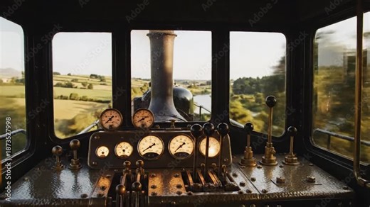 Interior Cab POV View from Miniature Engineer Level with Detailed Dashboard and Rolling Landscape Outside