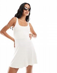 ASOS DESIGN scoop neck mini dress with skater skirt in cream | ASOS