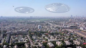 Alien Saucer Spaceships Hovering Over Large City With Helicopters 3D illustration Compositing with real Drone footage/ Tel Aviv,Israel.