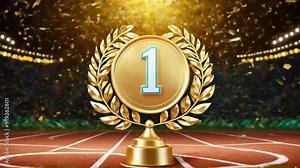 A golden first-place trophy stands proudly on a sports field, surrounded by laurel leaves and a cheering stadium, symbolizing victory and achievement.