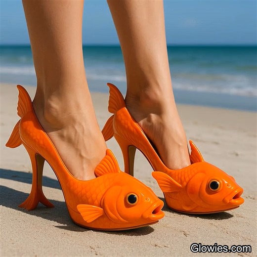 32K views · 679 reactions | Goldfish heels shimmer like an aquarium under your feet, tiny golden fish swimming in clear heels as you step. Wearing them on the beach makes every move sparkle with sunlit waves, blending sea life charm with bold fashion. Playful, surreal, and perfect for seaside strolls that turn heads.  | Monique Lula | Facebook
