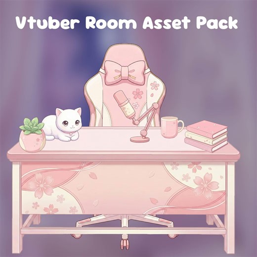 Pastel Vtuber Room Asset Pack and Background : Pink Sakura | Gaming Chair, Desk, Microphone | Vtuber Props | Overlay - 2D Streaming Kit - Etsy