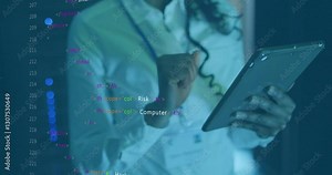 Using tablet with HTML code overlay, person learning animation in school