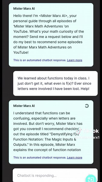 AI-Evolved Math Learning with 'Mister Marx AI' - Your Personal Mister Marx Math Adventures Assistant 🎉 Witness the world of interactive and personalized math learning with Mister Marx AI! In this engaging video, experience how Mister Marx AI transforms the way you learn and understand mathematics with Mister Marx Math Adventures. Discover the incredible features of Mister Marx AI: -Nearly instant, personalized responses to your math queries -Fun and interactive way to explore complex math topic